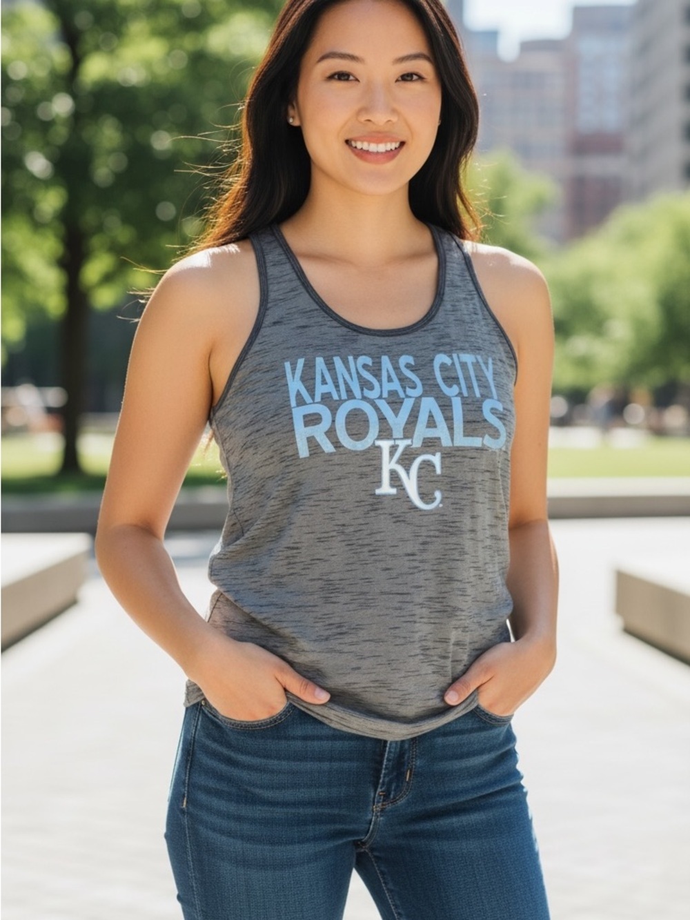 Kansas City Royals Women's Gray Racerback Tank with Light Blue Logo